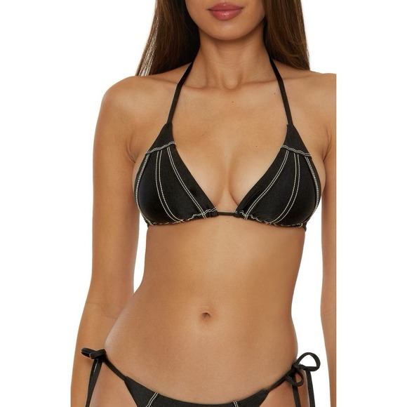 NWT Becca Rebecca Virtue Black Contrast Stitch Triangle Halter Bikini Top Large - Picture 1 of 5